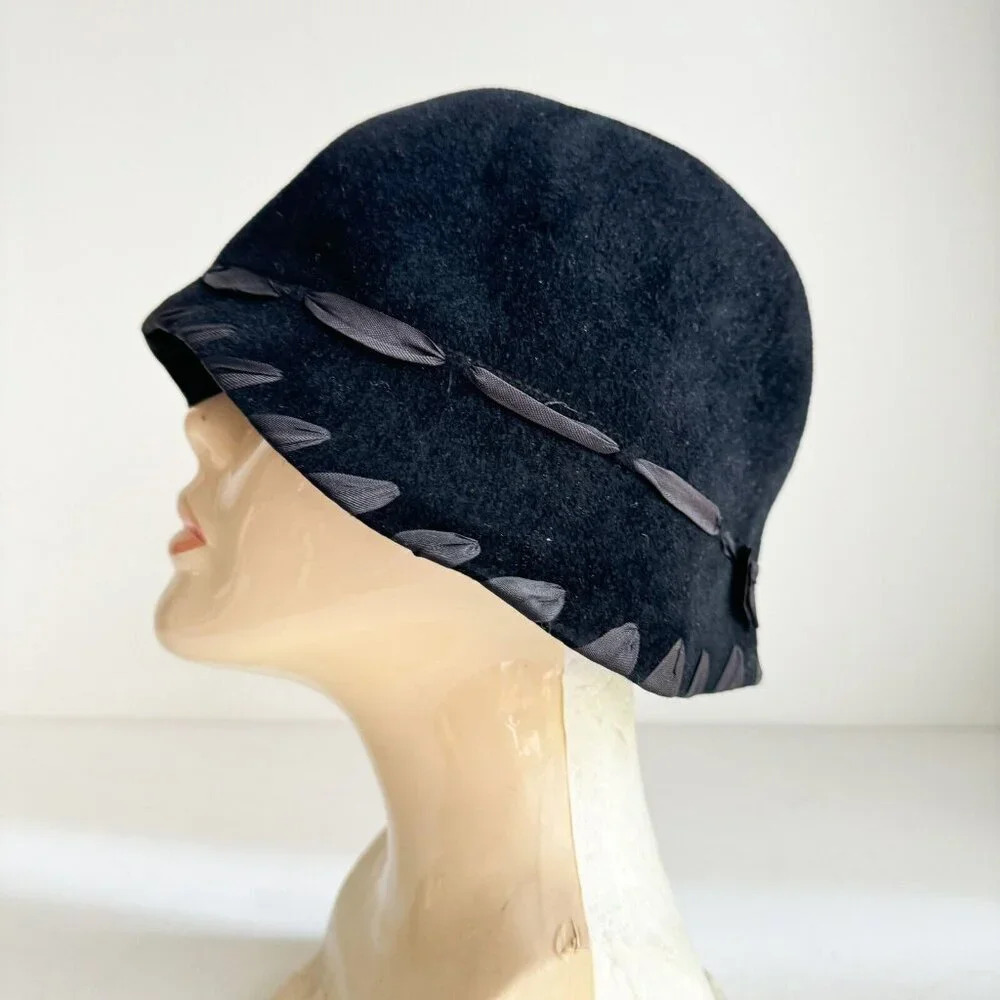 Louise Green Black Felt Cloché Retro Style Hat